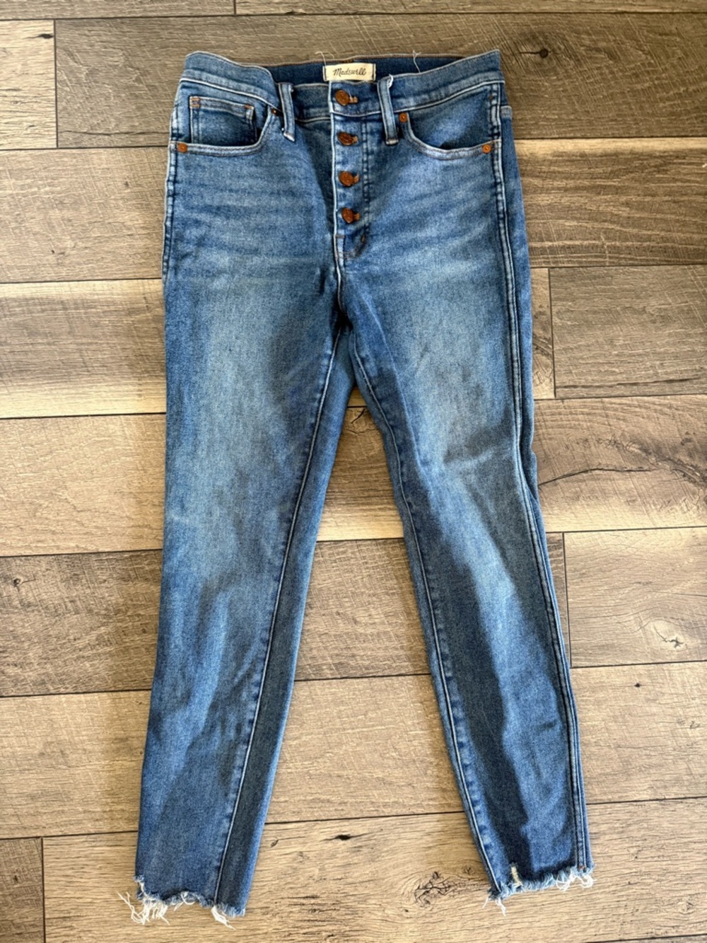 Madewell 10” High-rise Skinny Jeans Button-Fly Medium Blue Wash Raw Hem Size 28